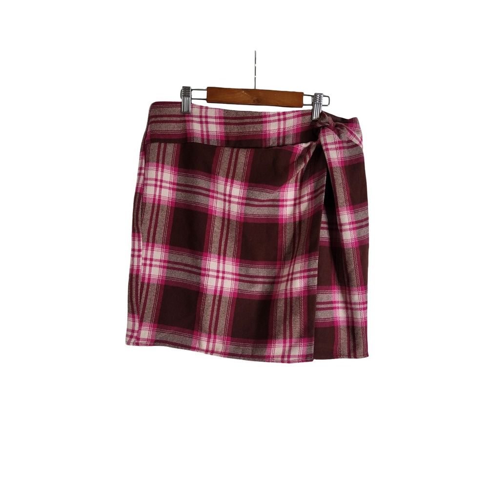 LOFT Petites Brown Pink Plaid Wrap Mini Skirt Size 8P NWT Autumn Preppy